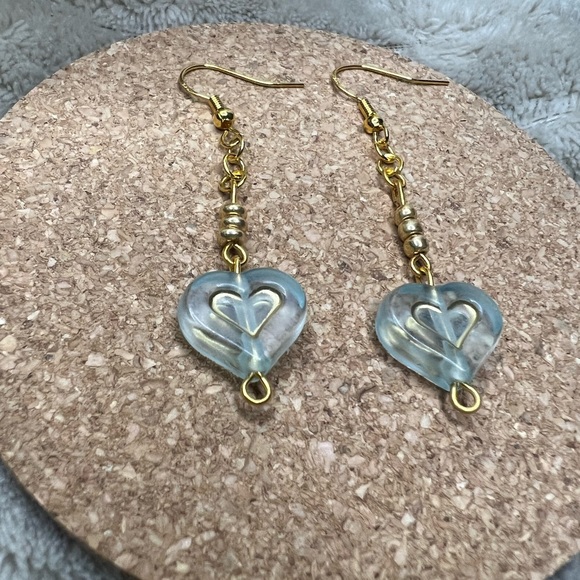 Blue & Gold Heart Beaded Earrings - Picture 2 of 3